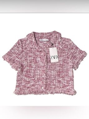 NWT ZARA Pink Tweed w/ Metallic Thread Frayed Hem Detail Button Front Crop Top